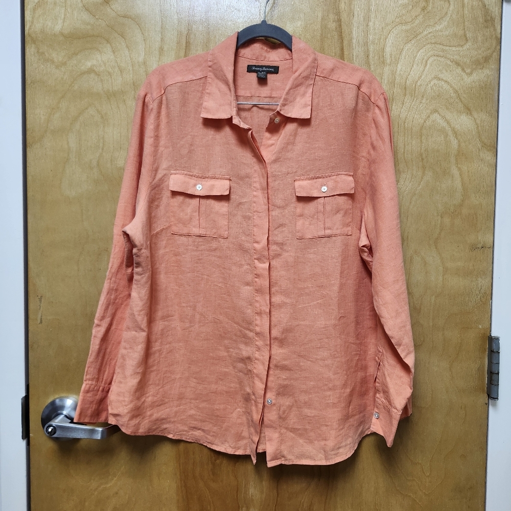 Tommy Bahama Women's  Linen Shirt Coral Roll Tab Sleeve Button front XL